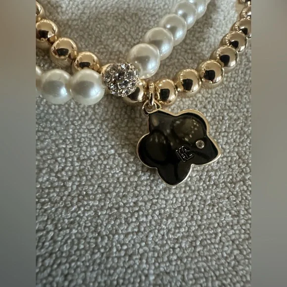 Karl Lagerfeld Faux Pearl & Gold tone 3pc Stretch Charmed Bracelet Set NWT - Picture 7 of 10